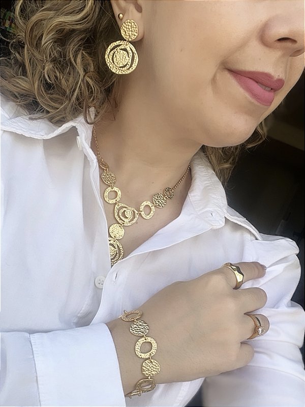 Conjunto Circulos Vazados Martelados - Brinco, Colar e Pulseira - Semijoia Banhada Prata925