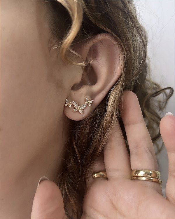Brinco Mini Earcuff de Borboletas  Cravejadas - Pequeno - Semijoia Delicada Banhada a Ouro 18K e Prata925