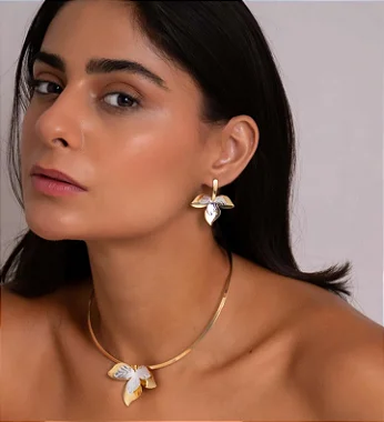 Conjunto Folhas Pequenas Duo - Colar Aro Chocker e Brinco Pequeno Folha - Semijoia Banhada a Ouro 18K e a Prata 925