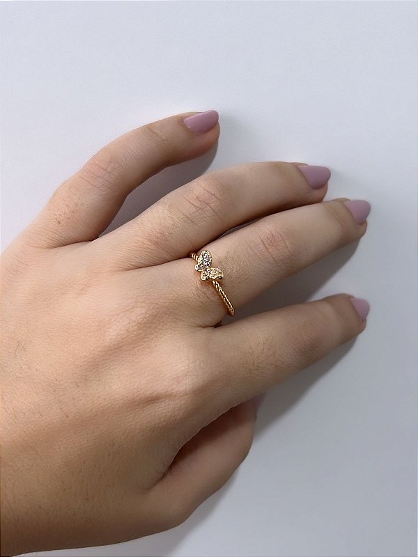 Anel de Borboleta Cravejada Minimalista - Joinha - Semijoia Banhada a Ouro 18k