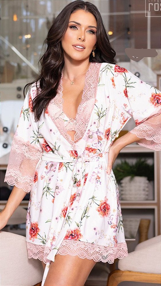 Robe Ana de Malha Fria Estampado Com Rosas e com Renda - Curto