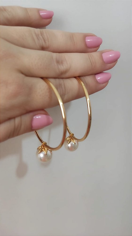 Brinco Argola Grande Com Perola - Semijoia Banhada a Ouro 18K
