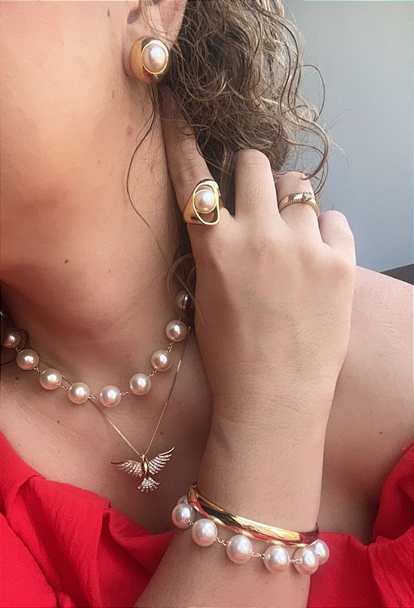 Conjunto de Colar e Pulseira Perolas Media de 10mm - Chocker - Semijoia Banhada a Ouro 18K