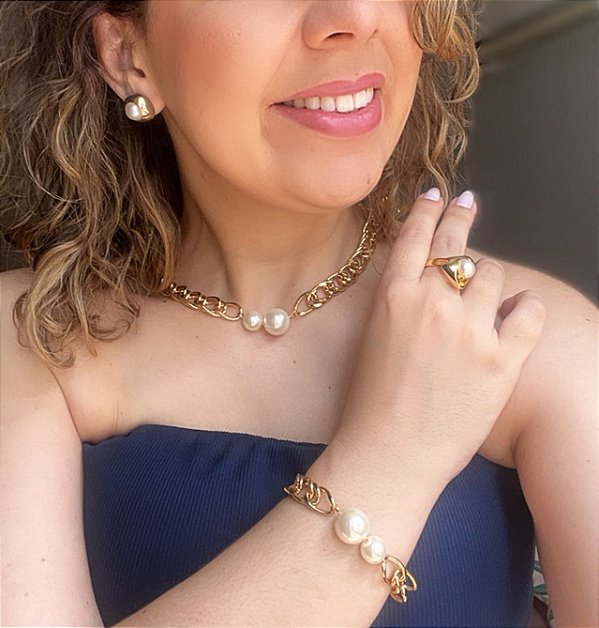 Conjunto Duas Perolas Com Corrente - Colar/Chocker e Pulseira - Semijoia Banhada a Ouro 18K