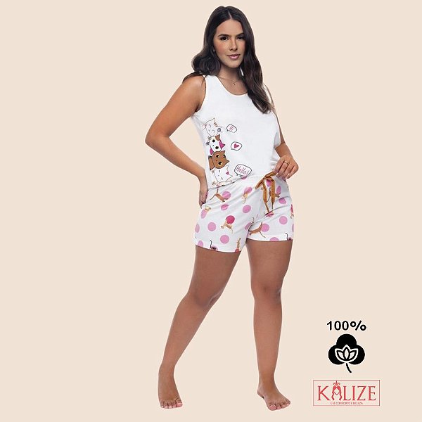 Pijama de Gatinhos Regata 100% Algodão - Short Doll