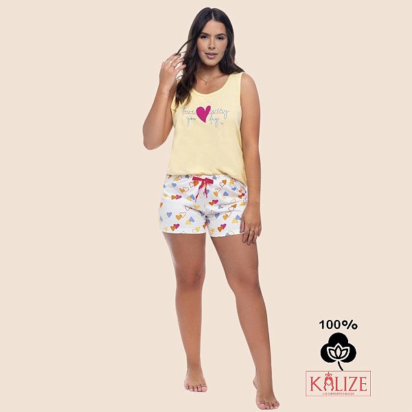 Pijama de Coração Rosa Regata 100% Algodão - Short Doll