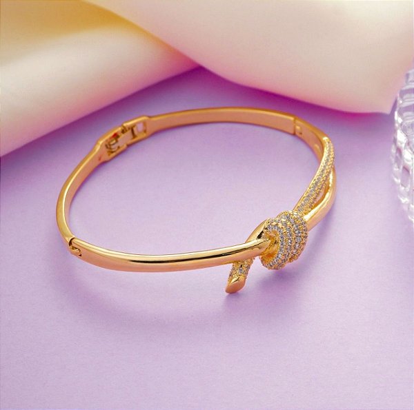 Bracelete e Pulseira No/ Nó Cravejado Inspiração - Um Luxo - Semijoia Banhada no Ouro 18k