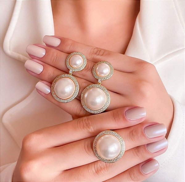Conjunto Meia Perola Luxuoso Com Zircônias Cristais - Semijoia Banhado a Ouro 18k