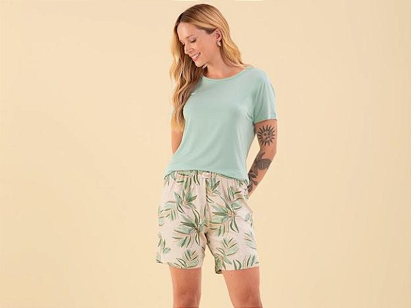 Pijama Verde Folhas - Bermudol - Viscolycra