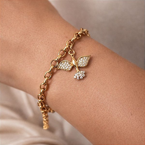 Pulseira Espírito Santo Cravejado em Zircônia - Elo Português - Semijoia Banhada a Ouro 18K