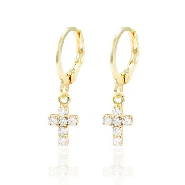 Brinco de Argola com Cruz Cravejada em Zircônia Pendurada - Semijoia Argolinha18k