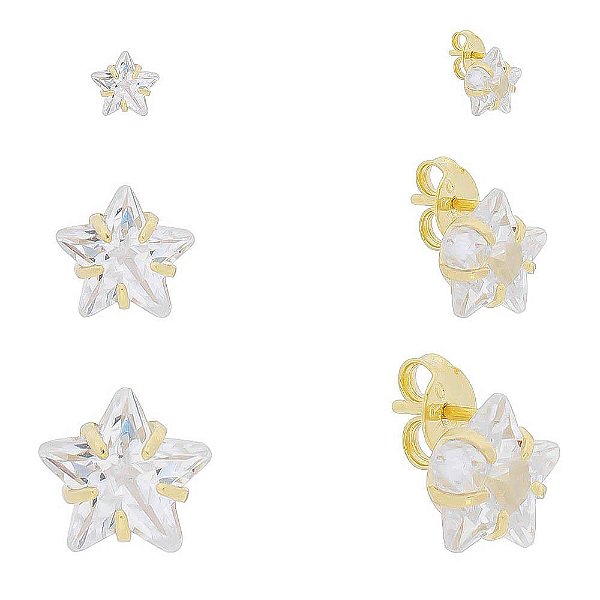 Brincos - Kit Trio de Estrelas em Zircônia. Semijoia de luxo