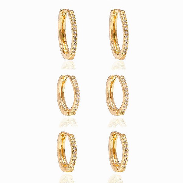 Brinco Kit Trio de Argolinhas Finas Cravejado em Zircônia - Semijoia Banhada a Ouro 18k