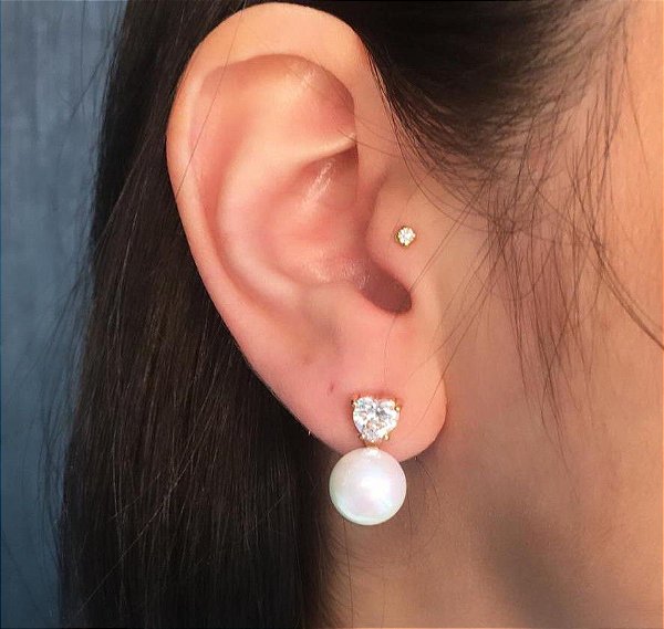 Brinco Coração Zircônia com Perola - Banhado a Ouro 18K - Semijoia
