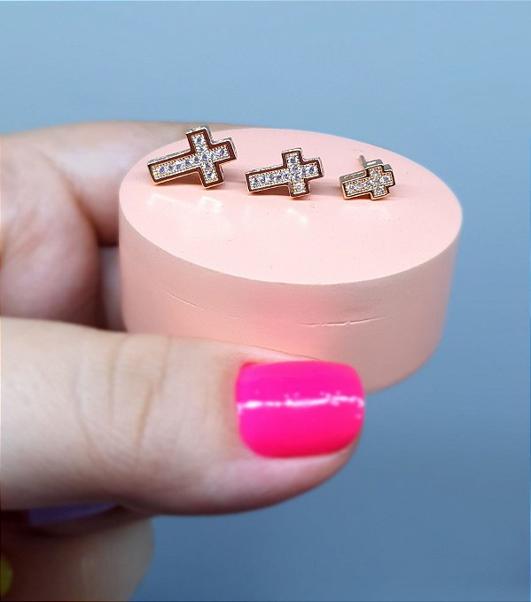 Brincos - Kit Trio de Cruz em Micro Zircônia - Semijoia em Ouro 18K