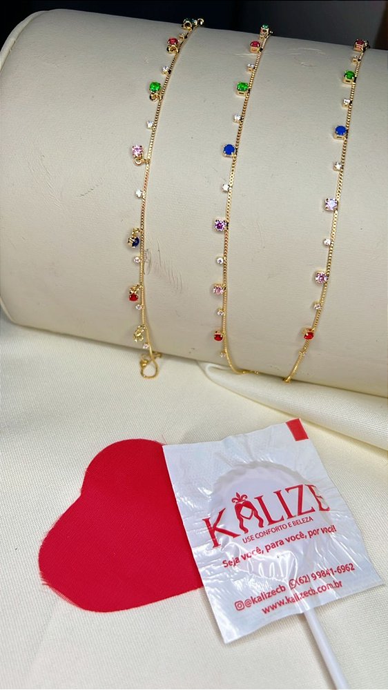 Tornozeleira com Zircônia Coloridas - Semijoia Banhada a Ouro 18K
