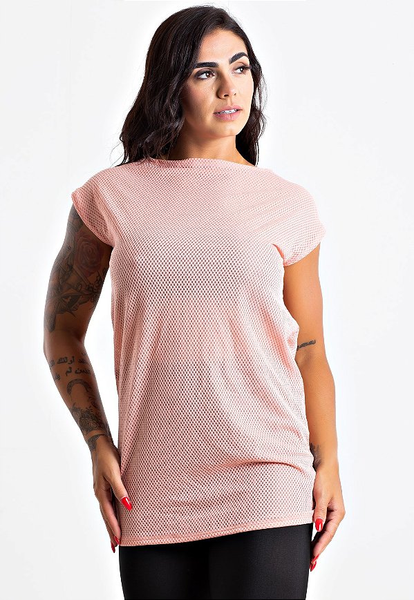 Blusa Fitness Tela Manga Curta Rosa