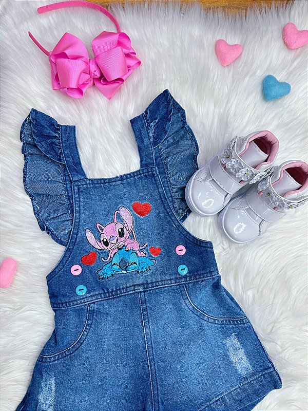 Macaquinho Jardineira Infantil Jeans Lilo e Stitch
