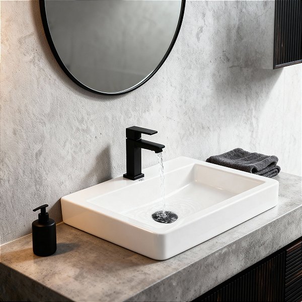 Kit Cuba Pia Louça Cerâmica Banheiro C/ Torn e Vál Preta S07