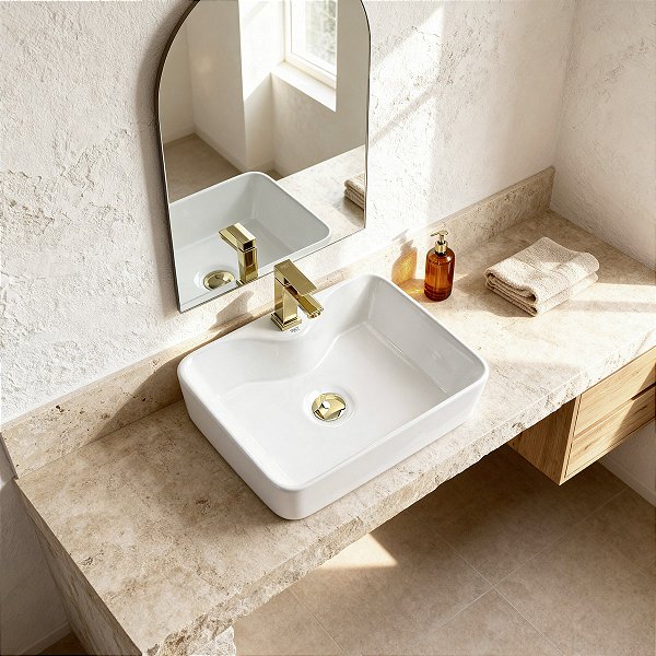 Kit Cuba Pia Louça Cerâmica Banheiro C/ Torn e Vál Dourada 5