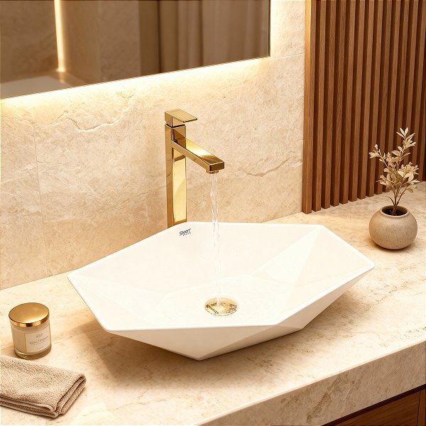 Kit Cuba Pia Louça Cerâmica Banheiro C/ Torn e Vál Dourada 8