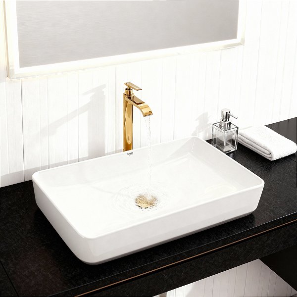 Kit Cuba Pia Louça Cerâmica Banheiro C/ Torn e Vál Dourada 2