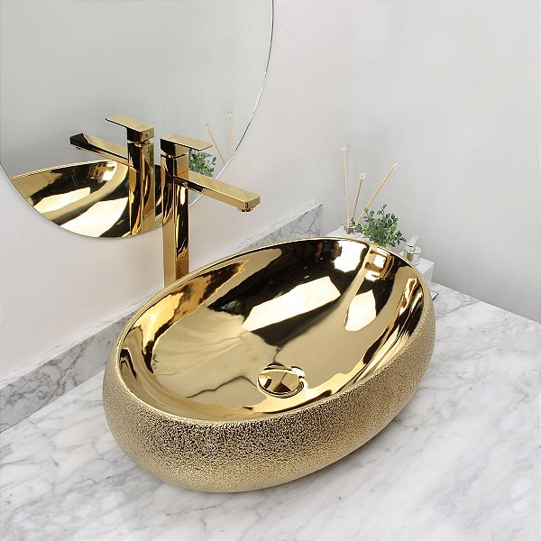 Cuba Pia Louça Cerâmica Apoio Banheiro 59x41cm Luxo Gold