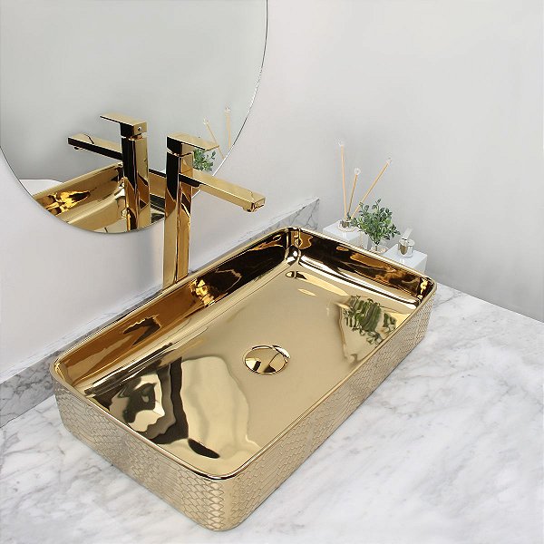 Cuba Pia Louça Cerâmica Apoio Banheiro 61x35cm Luxo Gold