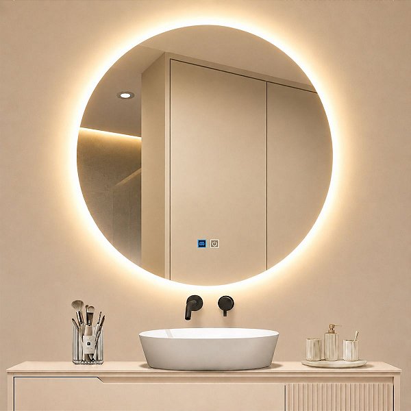 Espelho de Led Orgânico Para Banheiro Touch 3 Cores Com Desembaçador 80x80cm Bivolts