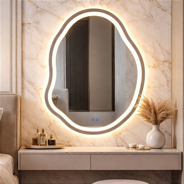 Espelho LED Orgânico Touch 3 Cores de Luz Com Desembaçador e Display Digital 80X60 cm Bivolts 110V/220V