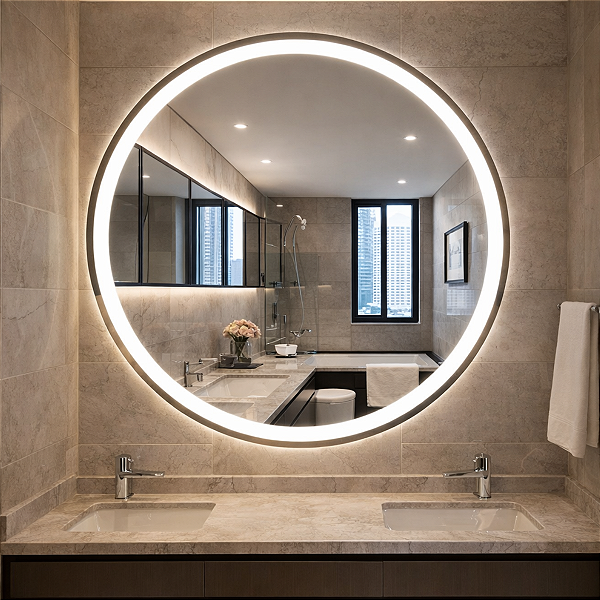 Espelho LED Redondo Touch 3 Cores de Luz Com Desembaçador e Display Digital 80x80 cm Bivolt: 110V /220V