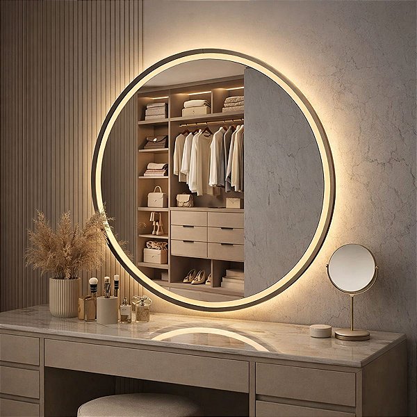 Espelho LED Redondo Touch 3 Cores de Luz Com Desembaçador e Display Digital 80x80 cm Bivolts 110V /220V