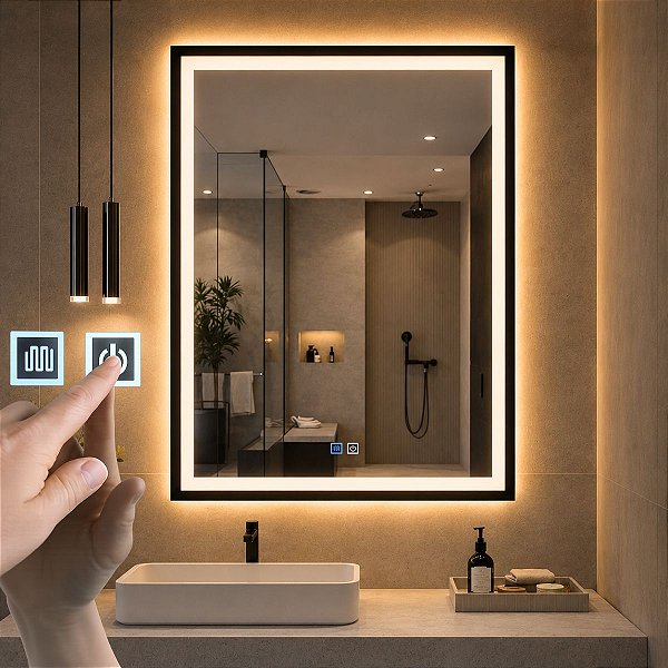 Espelho Led Para Banheiro Retangular Touch 3 Cores de Luz Com Desembaçador e Display Digital 80x60 cm Bivolts 110V /220V