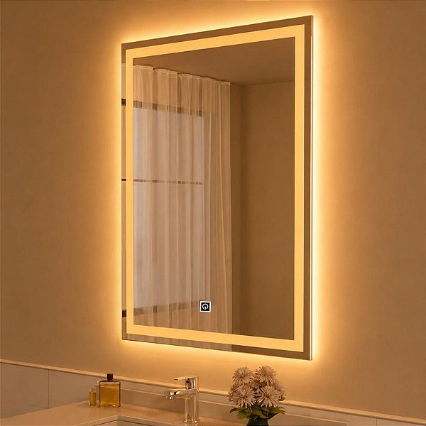 Espelho De Led Orgânico Retangular Touch 3 Cores de Luz com Display Digital 60x80cm Bivolts