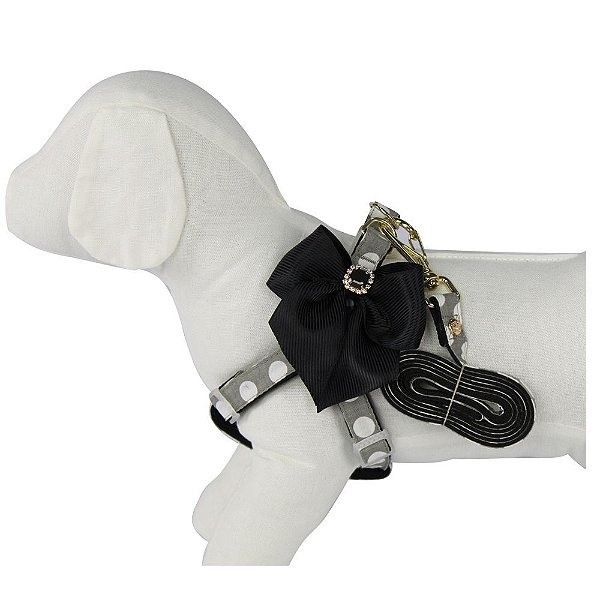 Coleira Peitoral com Guia Bolinha e Laço - Bonito pra Cachorro