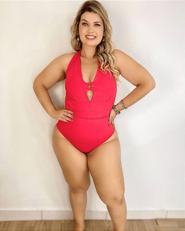 Maiô Praia Com Bojo Vermelho Goiaba Plus Size Laura Proteção Solar UV50+