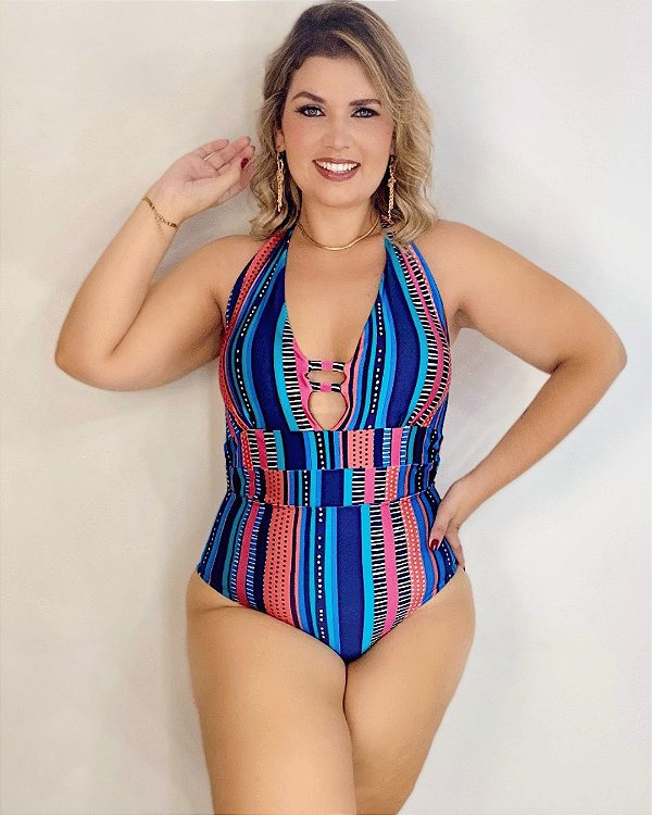 Maiô praia Com Bojo Listrado cores Plus Size Laura Proteção Solar UV50+