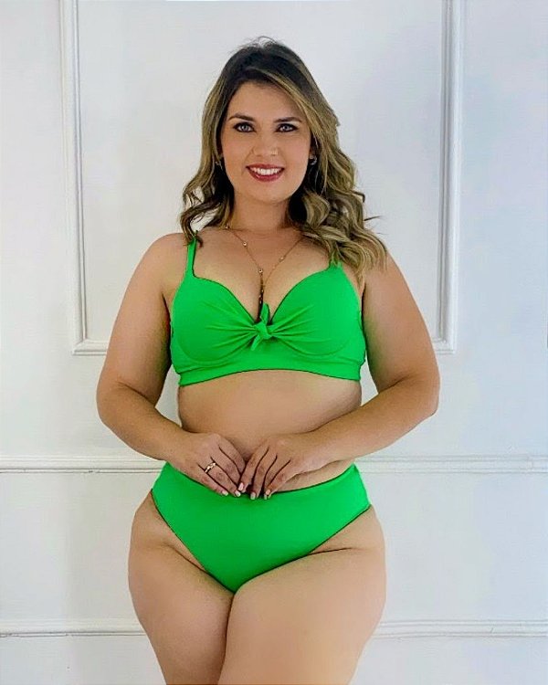 Conjunto Biquíni conforto Plus Size top com bojo calcinha tanga Verde Neon