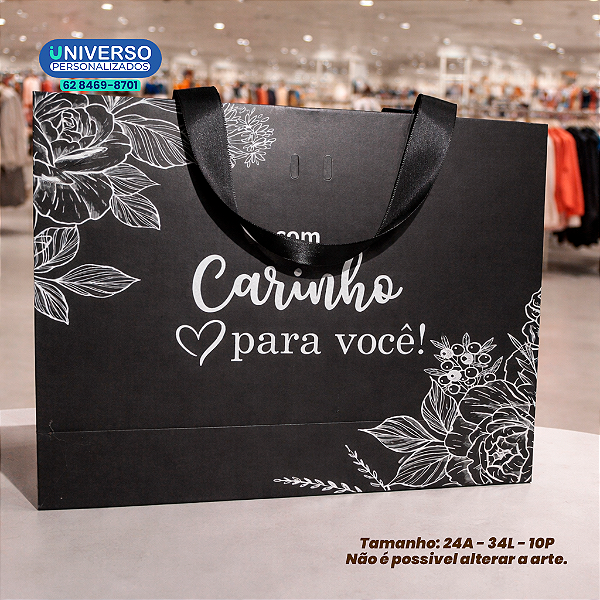 Sacola de Papel - Arte Frase: "Com Carinho para Você" (Pronta Entrega) 24x34x10CM
