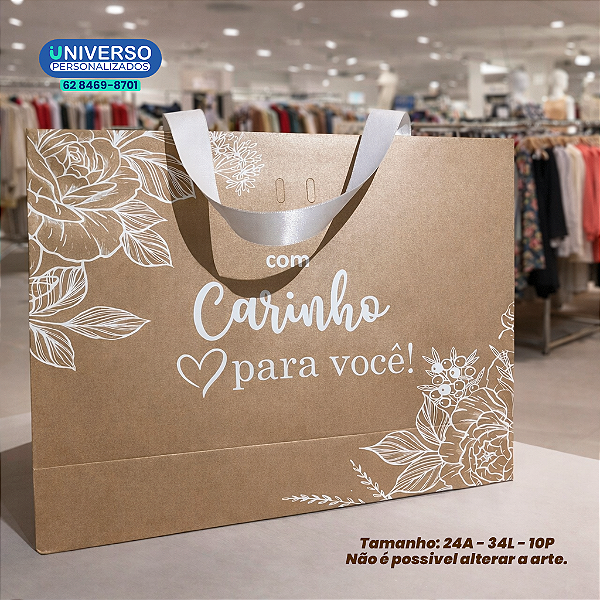 Sacola de Papel - Arte Frase: "Com Carinho para Você" (Pronta Entrega) 24x34x10CM