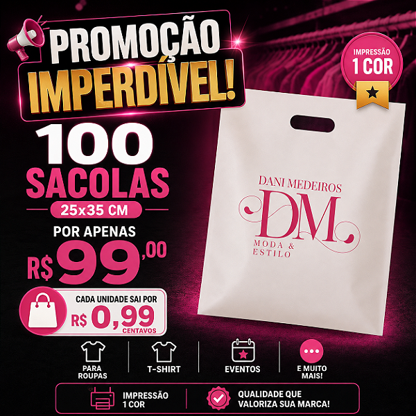 Promoção Sacola Personalizada 100 unid / Alça Boca - Vazada / (25x35cm) UP