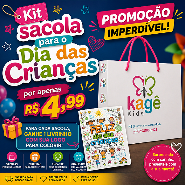 KIT Dia das Crianças - Sacola de Papel Personalizada G 34x24x10 cm + Livrinho colorir | Universo Color - UP