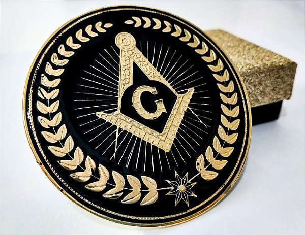 Emblema Maçonaria Metálico - Esquadro e Compasso - Ramos dourados