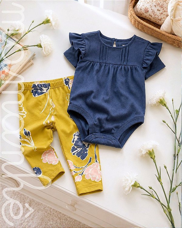 Conjunto Body e Calça 2 Peças Floral Mustard