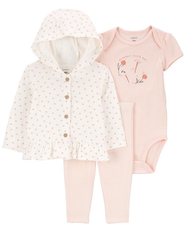 Conjunto 3 Peças Com Cardigan Floral Rosa