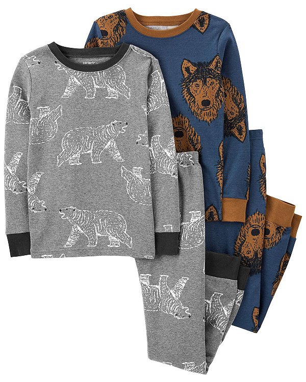 Kit Pijama Infantil 4 Peças Lobos e Ursos