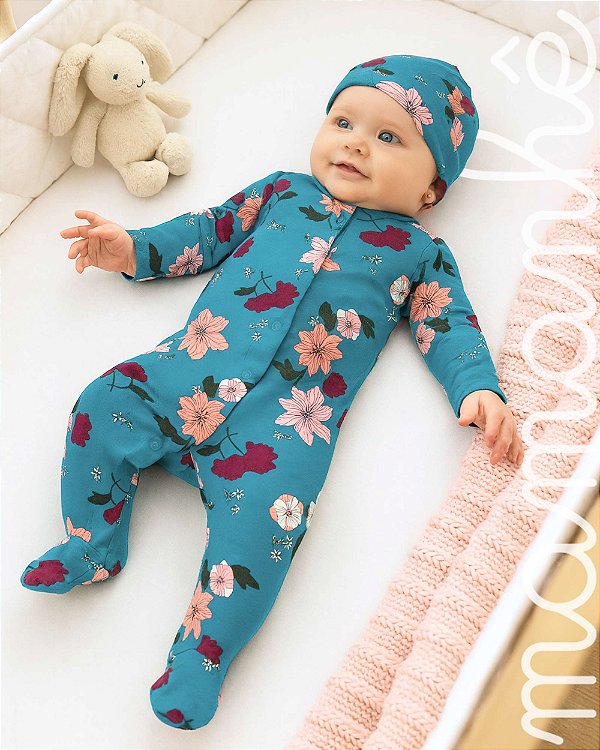 Kit Macacão Carters com Touca Floral Turquesa