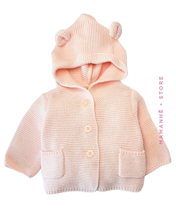Cardigan em tricot com Capuz e Orelhinhas de Ursinho Rosa
