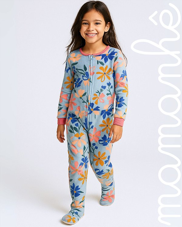 Macacão Pijama Infantil Carters Fleece Floral Blue