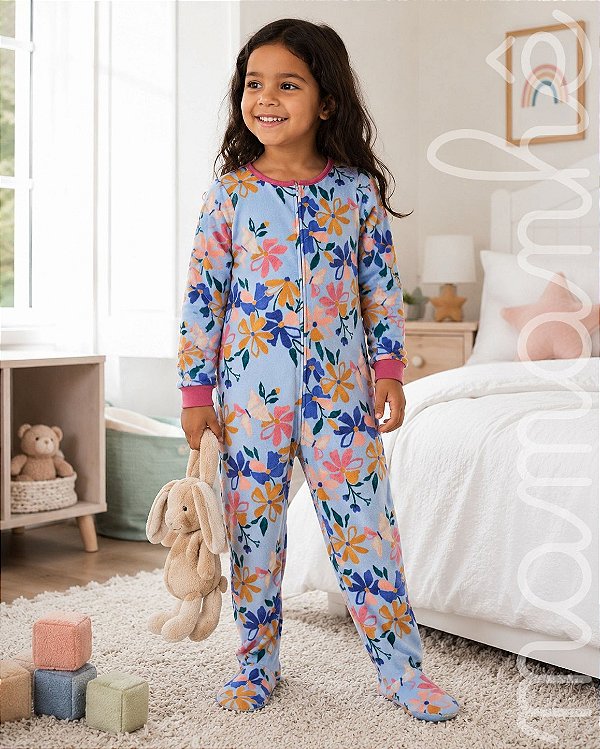 Macacão Pijama Infantil Carters Fleece Floral Blue